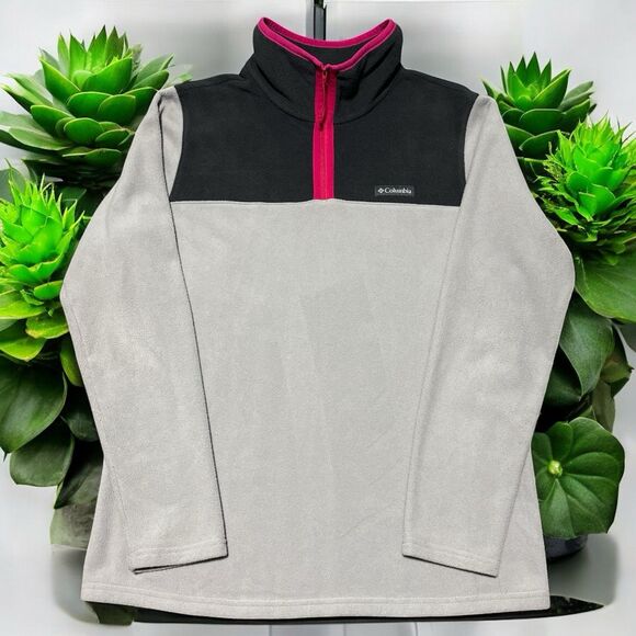Columbia Sweater Midnight Lake Women’s Large Gray Pink Fleece 1/4 Zip Pullover - Picture 1 of 3